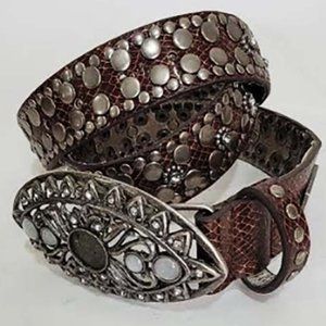 Guess Heavily Studded Brown Leather Belt Rhinestone MOP Buckle Woment 36"